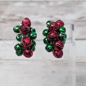 Vintage Clip On Earrings - Green & Red Bell Half Hoop 1.25"